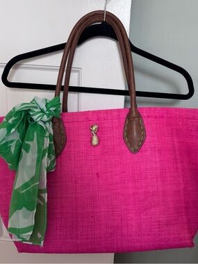 Lilly Pulitzer for Target Hot Pink Tote with Brown Handles and Green Scarf